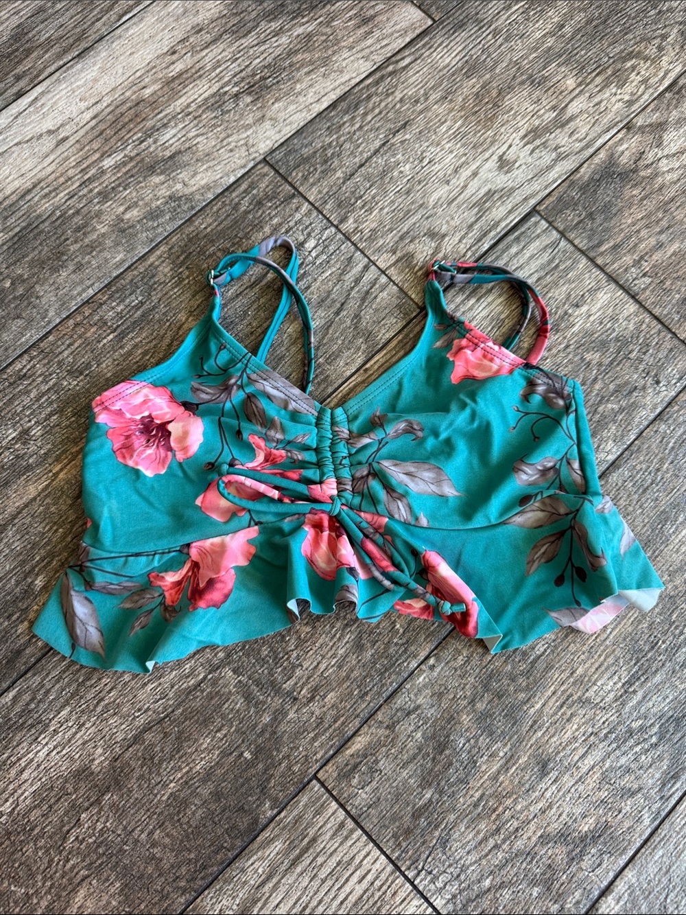 Girls Teal Floral Ruffle Swim Bikini Top